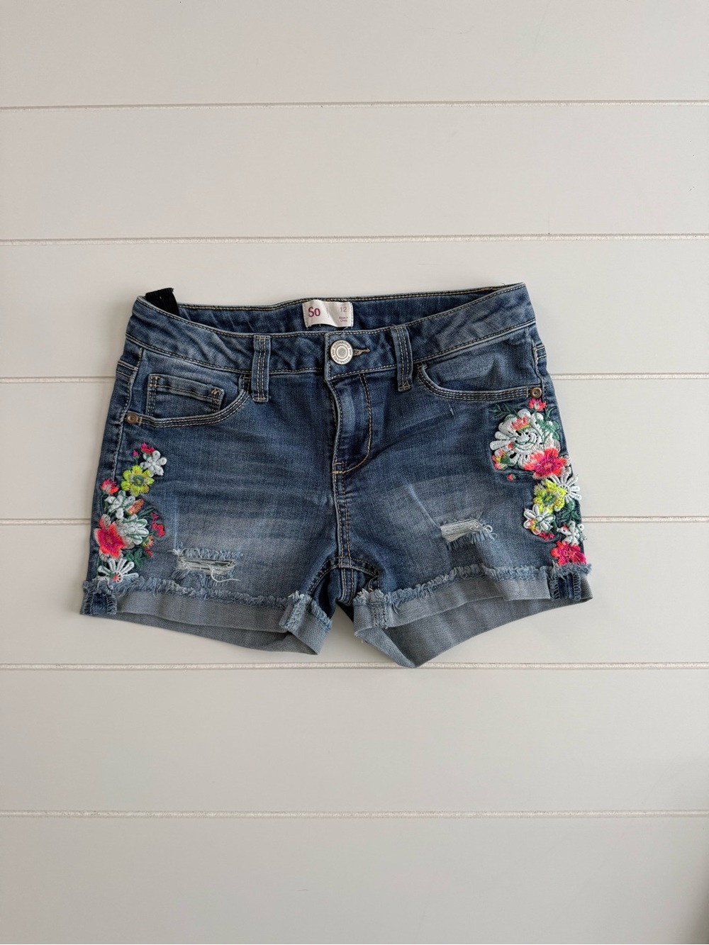 SO Denim Shorts with Bright Floral Embroidery